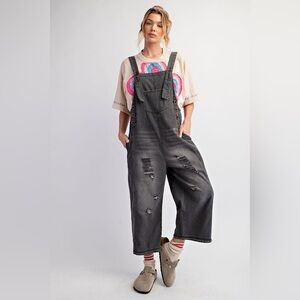 Grunge Black Distressed Denim Overalls